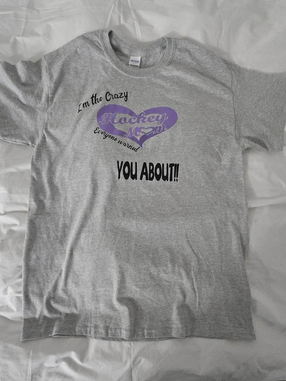 Gildan Gray Short Sleeve Tee with Purple Heart 'Hockey Mom' Graphic - Picture 1 of 7